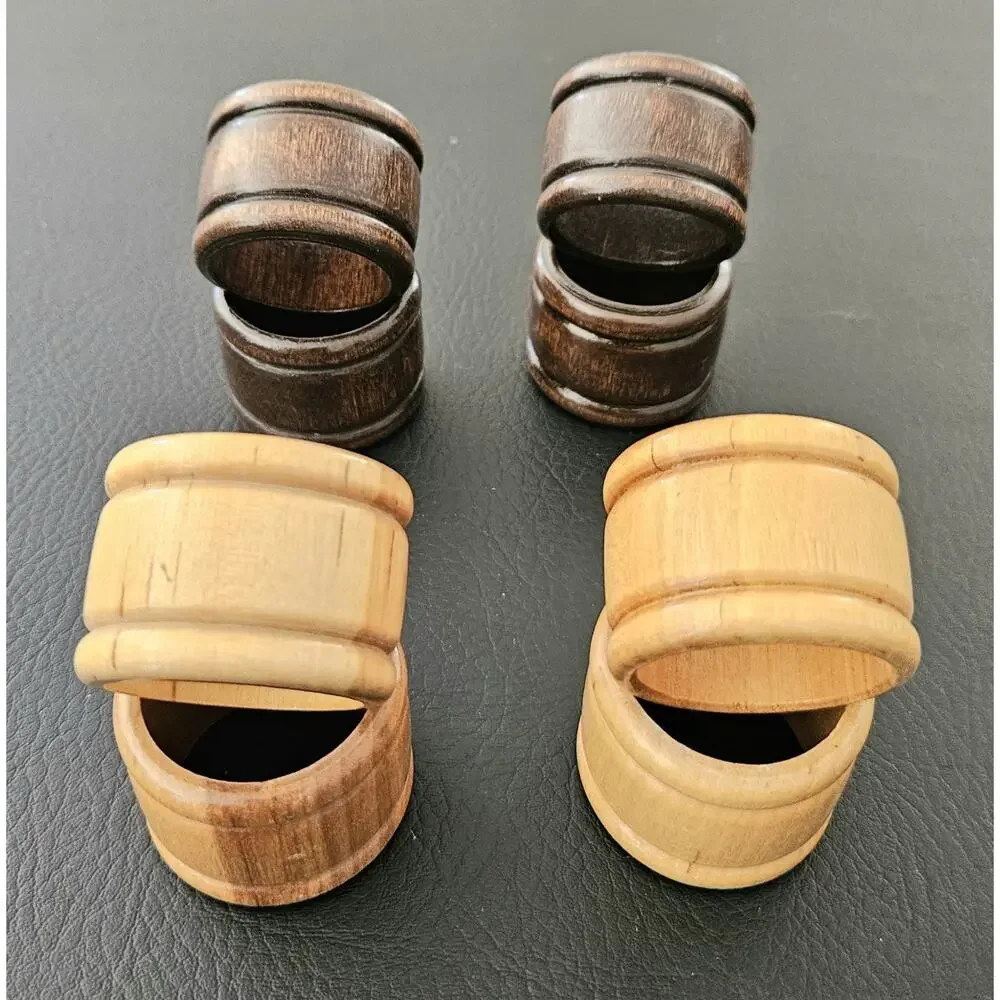 Vintage Wooden Napkin Rings Light/Dark Wood MCM Farmhouse Rustic Set Of 8